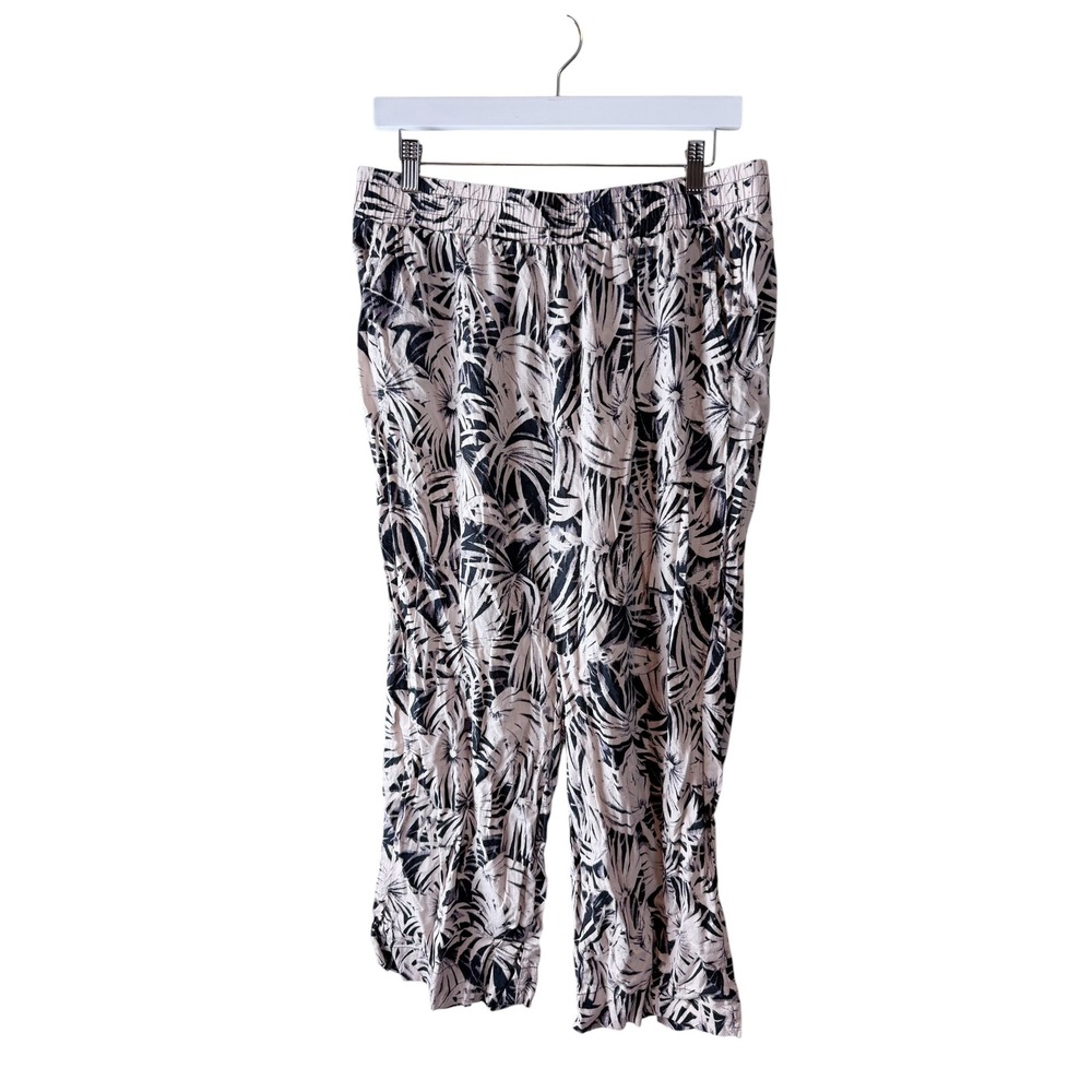 Panama Jack Womens XL Linen Blend Tropical Palm Print Wide Leg Crop Pants Black